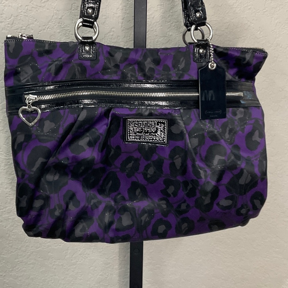 Coach Black and Purple EUC Animal Print Tote, small cracks on handles. - Picture 4 of 6